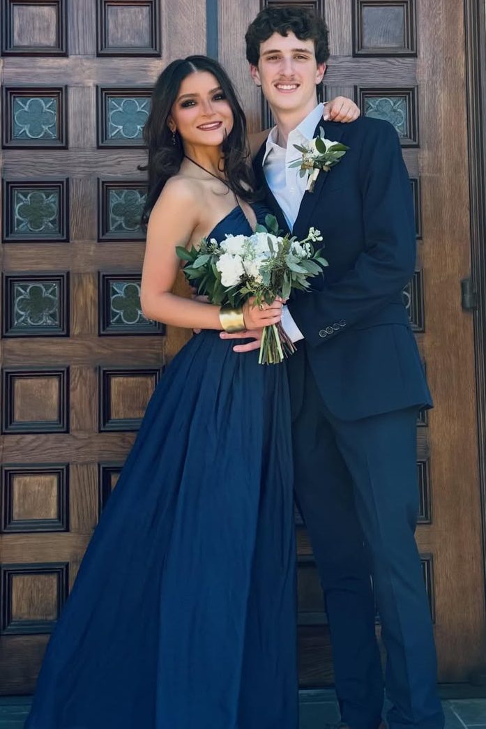 Navy Blue Halter Empire-Waist Sleeveless Pleats Long Prom Dress with Slit