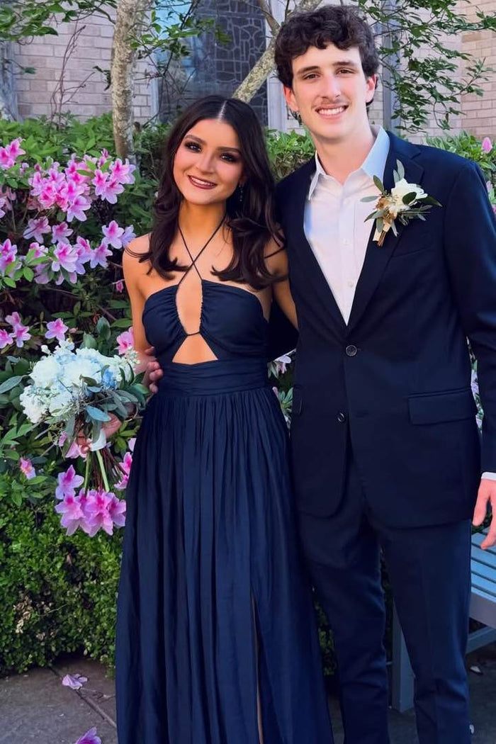 Navy Blue Halter Empire-Waist Sleeveless Pleats Long Prom Dress with Slit