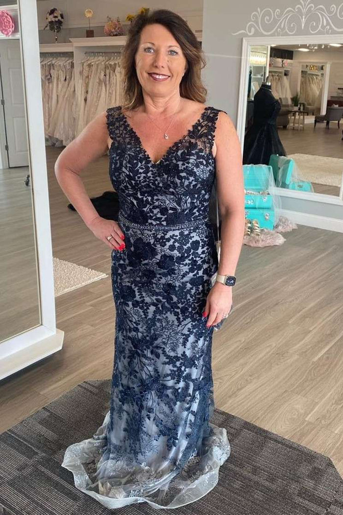 Navy Blue Lace V-Neck Sheath Mother of the Bride Dress