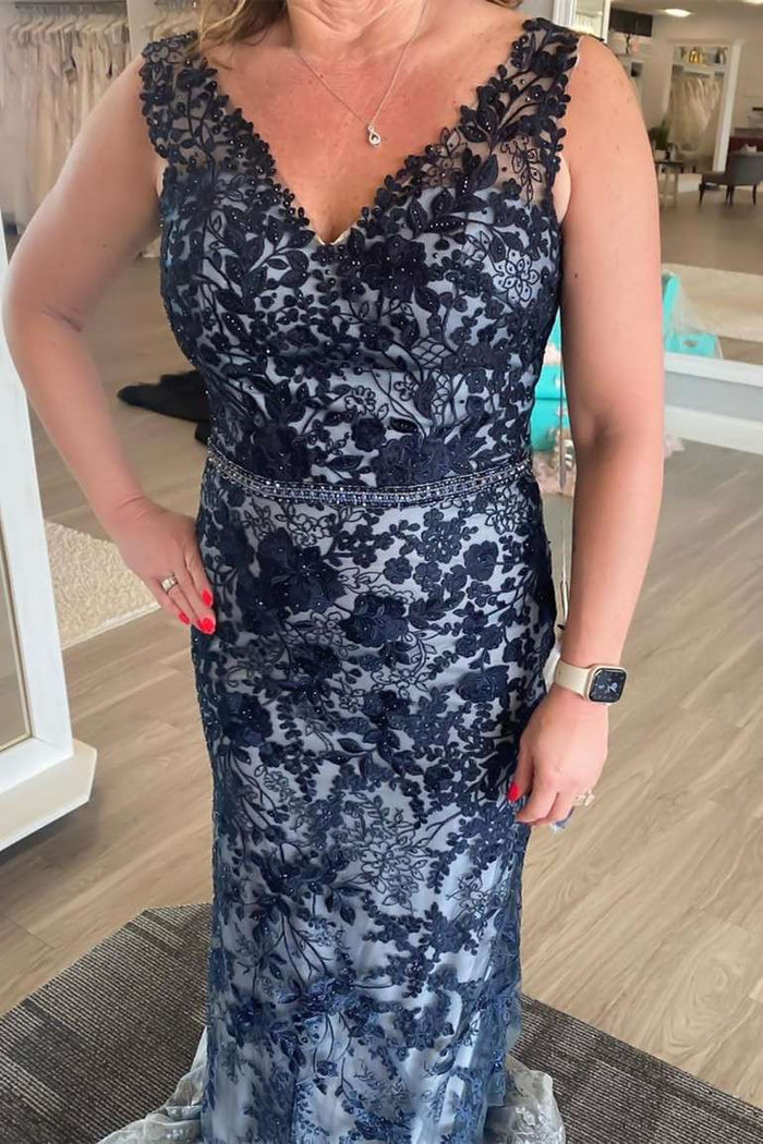 Navy Blue Lace V-Neck Sheath Mother of the Bride Dress