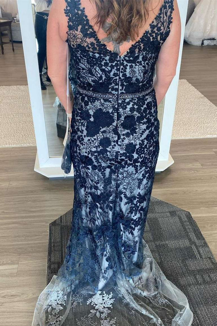 Navy Blue Lace V-Neck Sheath Mother of the Bride Dress