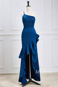 Navy Blue One-Shoulder Ruffle High-Low Dress