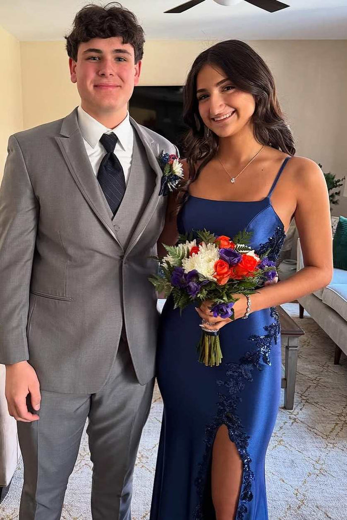 Navy Blue Spaghetti Straps Appliques Square Long Prom Dress with Slit