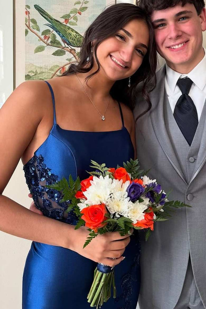 Navy Blue Spaghetti Straps Appliques Square Long Prom Dress with Slit