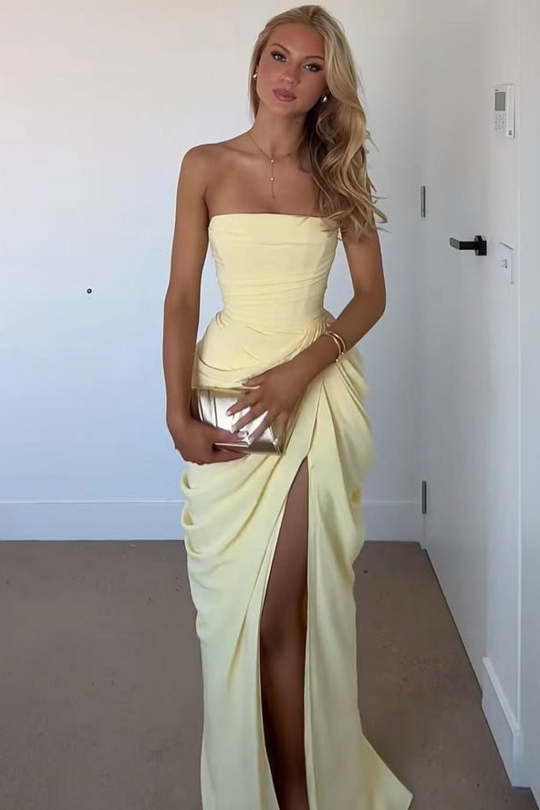 Navy Blue Strapless Pleats Sleeveless High Slit Long Prom Party Dress