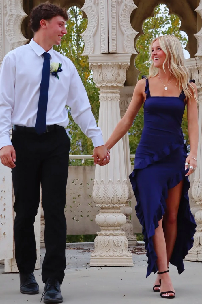 Navy Blue Strapless Ruffles Sleeveless High Slit Sheath Long Prom Dress