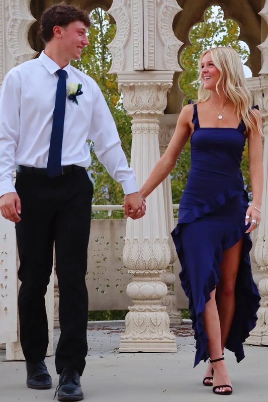 Navy Blue Strapless Ruffles Sleeveless High Slit Sheath Long Prom Dress