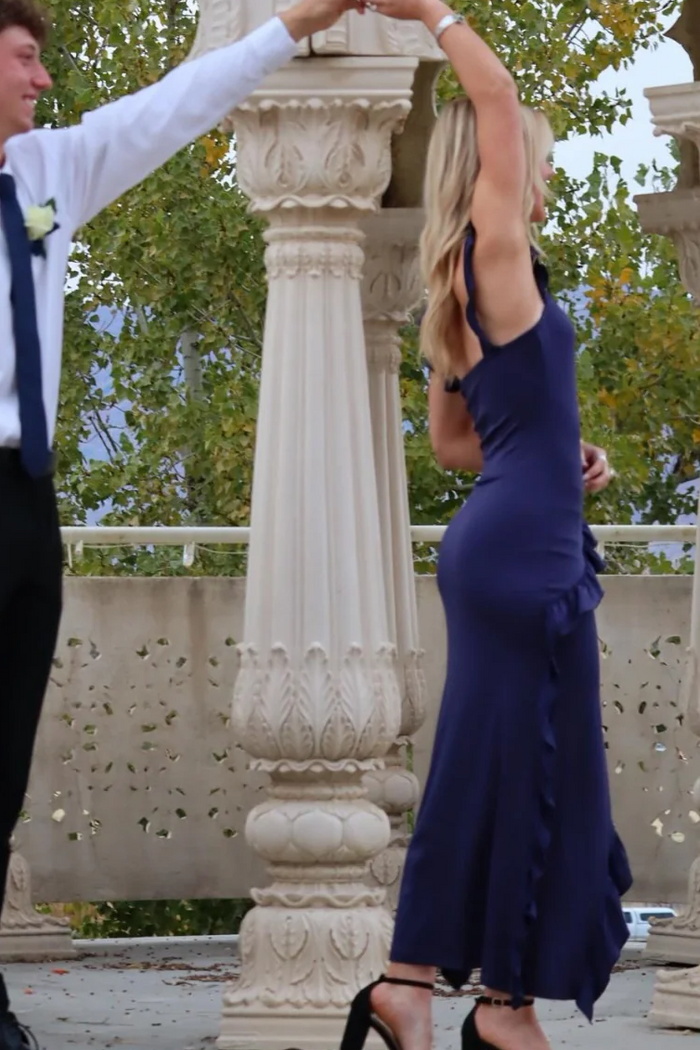 Navy Blue Strapless Ruffles Sleeveless High Slit Sheath Long Prom Dress