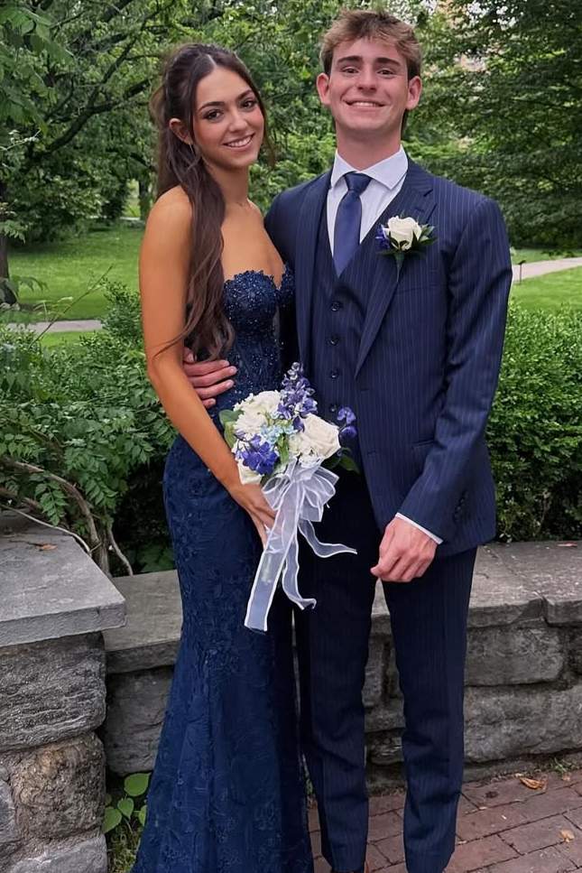 Navy Blue Strapless Sweetheart Lace Appliques Mermaid Long Prom Dress