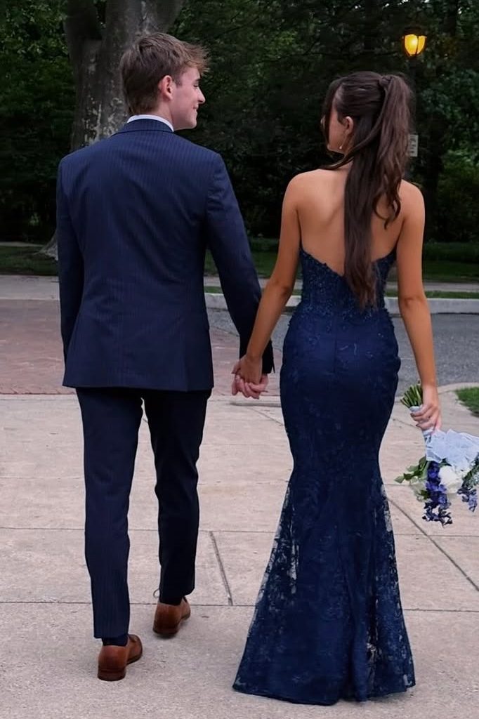 Navy Blue Strapless Sweetheart Lace Appliques Mermaid Long Prom Dress