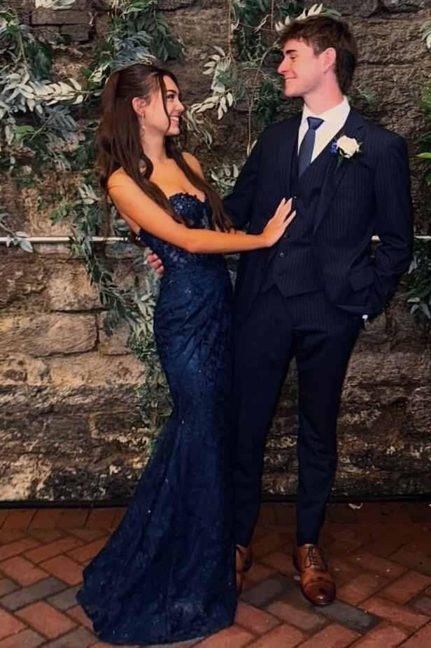 Navy Blue Strapless Sweetheart Lace Appliques Mermaid Long Prom Dress