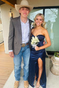 Navy Blue Strapless Sweetheart Pleats High Slit Satin Formal Prom Dress