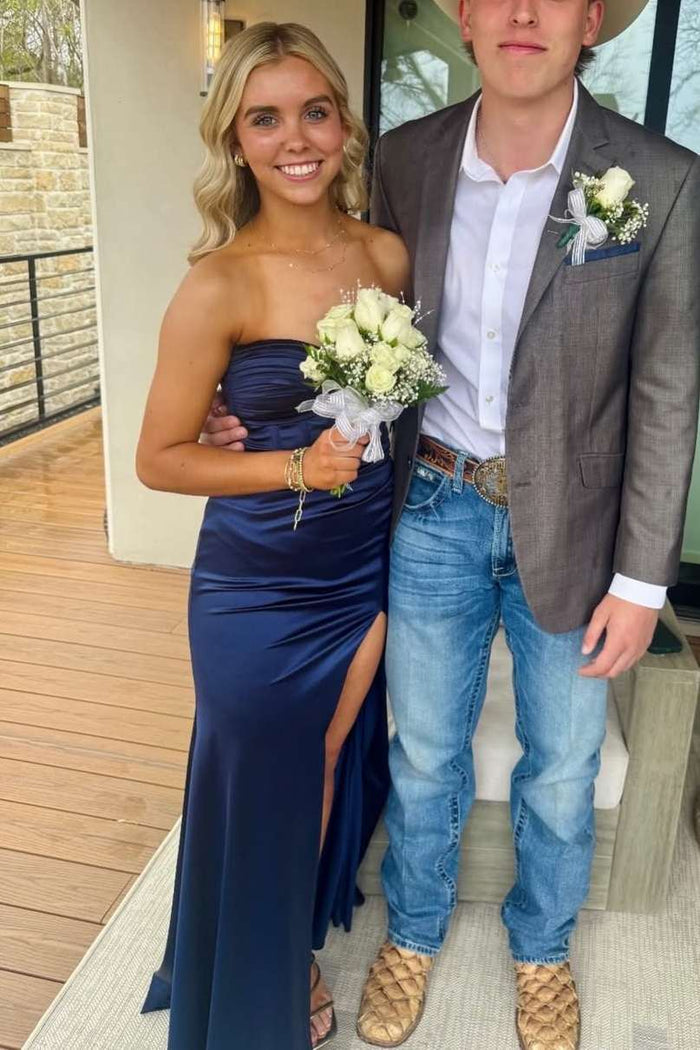 Navy Blue Strapless Sweetheart Pleats High Slit Satin Formal Prom Dress