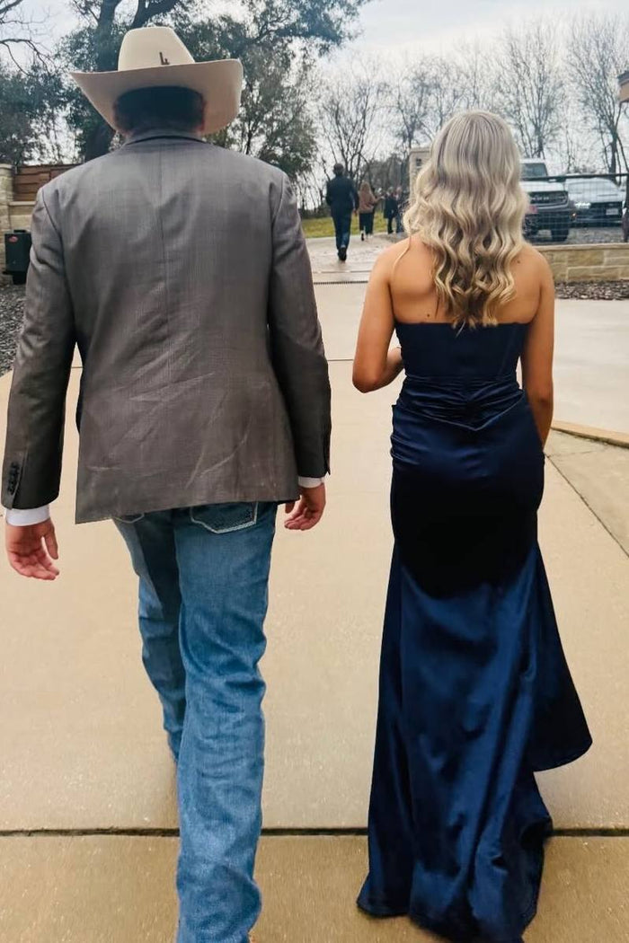 Navy Blue Strapless Sweetheart Pleats High Slit Satin Formal Prom Dress
