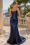 Navy Blue Straps Pleats Mermaid Satin Sleeveless Long Prom Dress