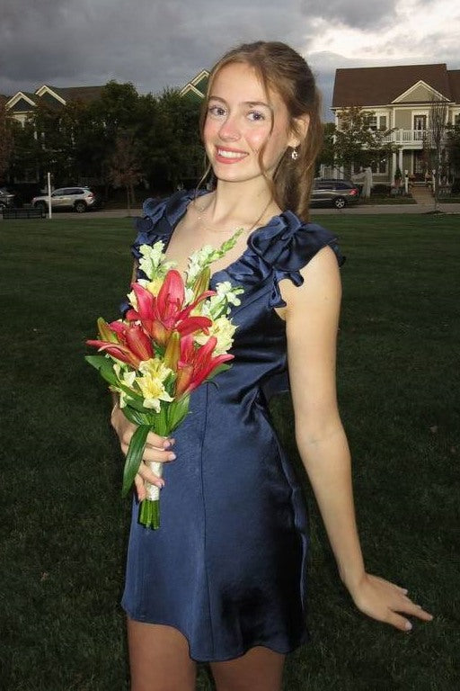Navy Blue V-Neck Straps Satin Short Homecoming Dress