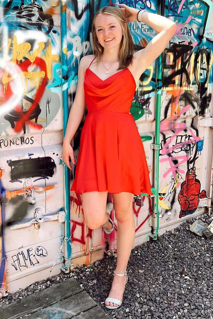 Neon Pink Cowl Neck Lace-Up A-Line Homecoming Dress