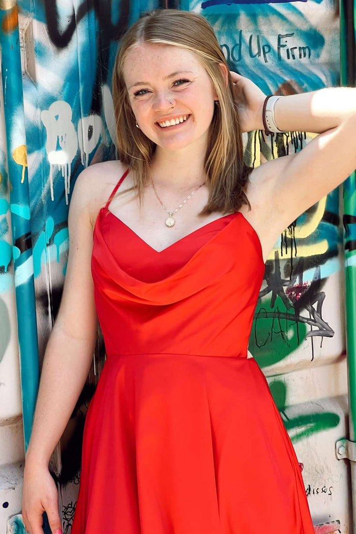 Neon Pink Cowl Neck Lace-Up A-Line Homecoming Dress