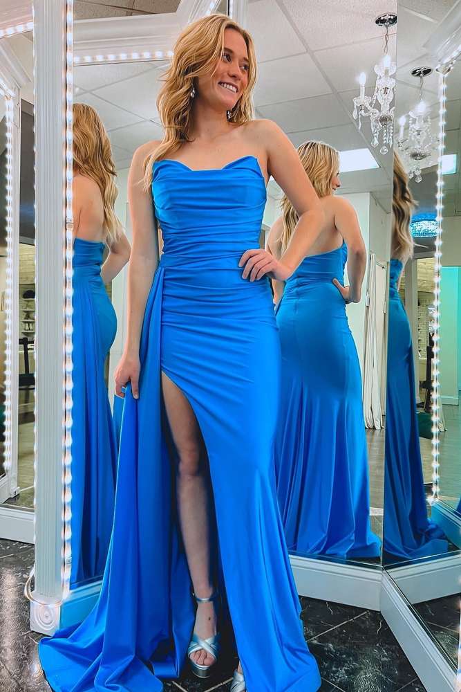 Neon Blue Jay Strapless Ruched Long Prom Dress with Attached Train