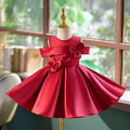 O-Neck Applique Satin Flower Baby Girl Dress Burgundy J798