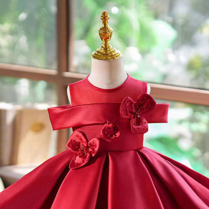 O-Neck Applique Satin Flower Baby Girl Dress Burgundy J798