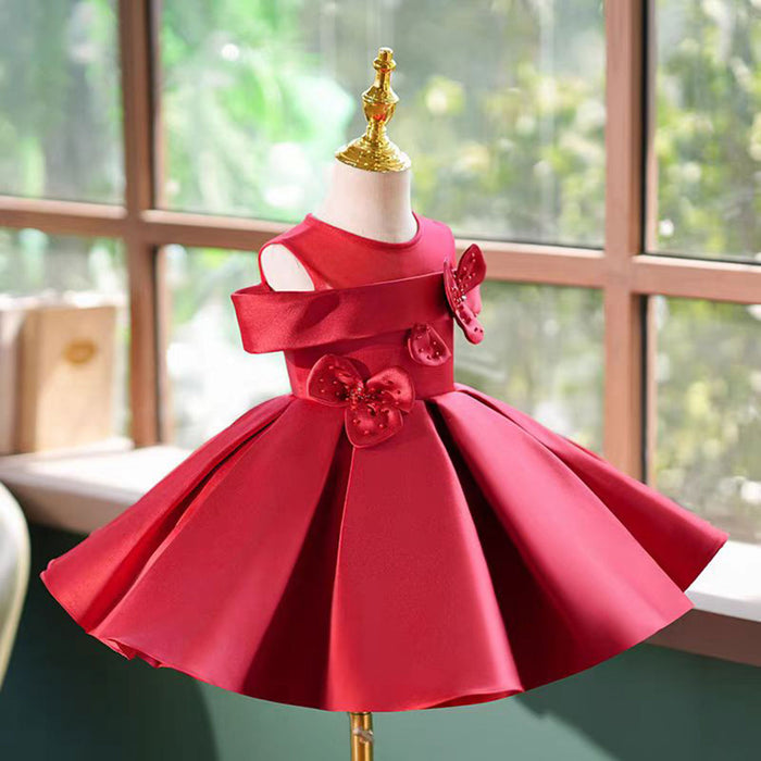 O-Neck Applique Satin Flower Baby Girl Dress Burgundy J798