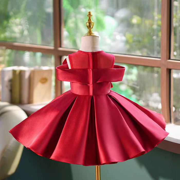 O-Neck Applique Satin Flower Baby Girl Dress Burgundy J798