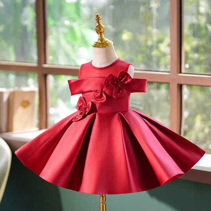 O-Neck Applique Satin Flower Baby Girl Dress Burgundy J798