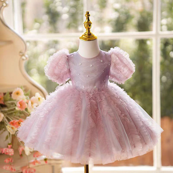 O-Neck Applique Tulle Flower Girl Dress Short Sleeve Pink J795