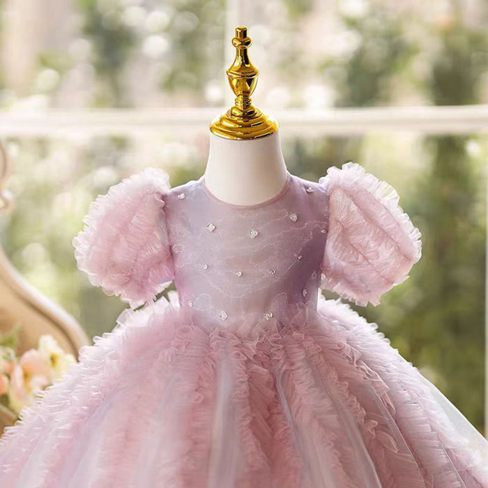 O-Neck Applique Tulle Flower Girl Dress Short Sleeve Pink J795
