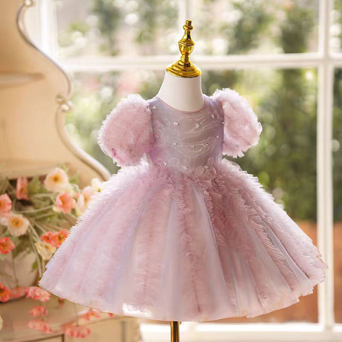 O-Neck Applique Tulle Flower Girl Dress Short Sleeve Pink J795