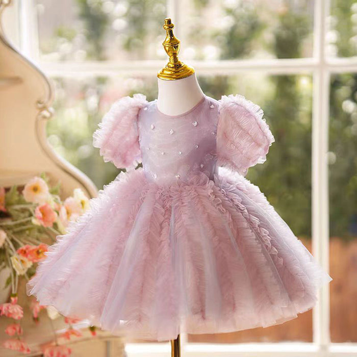 O-Neck Applique Tulle Flower Girl Dress Short Sleeve Pink J795