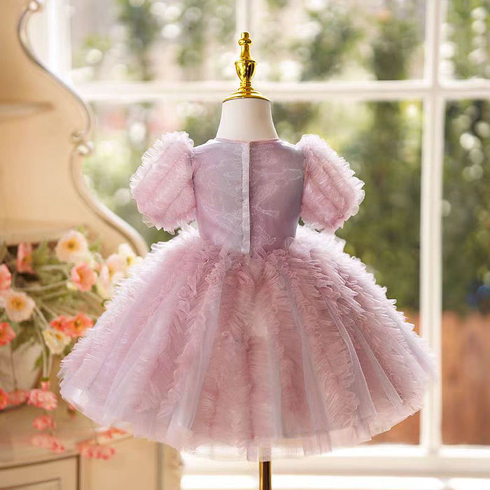 O-Neck Applique Tulle Flower Girl Dress Short Sleeve Pink J795