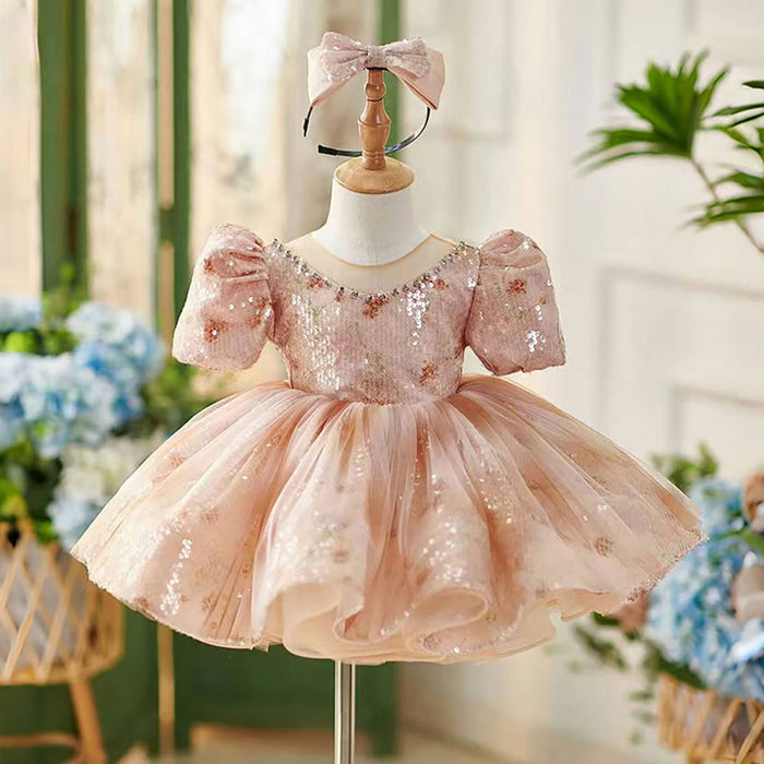 O-Neck Beading Tulle Pink Flower Girl Dress Short Sleeve D035