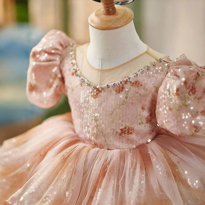 O-Neck Beading Tulle Pink Flower Girl Dress Short Sleeve D035