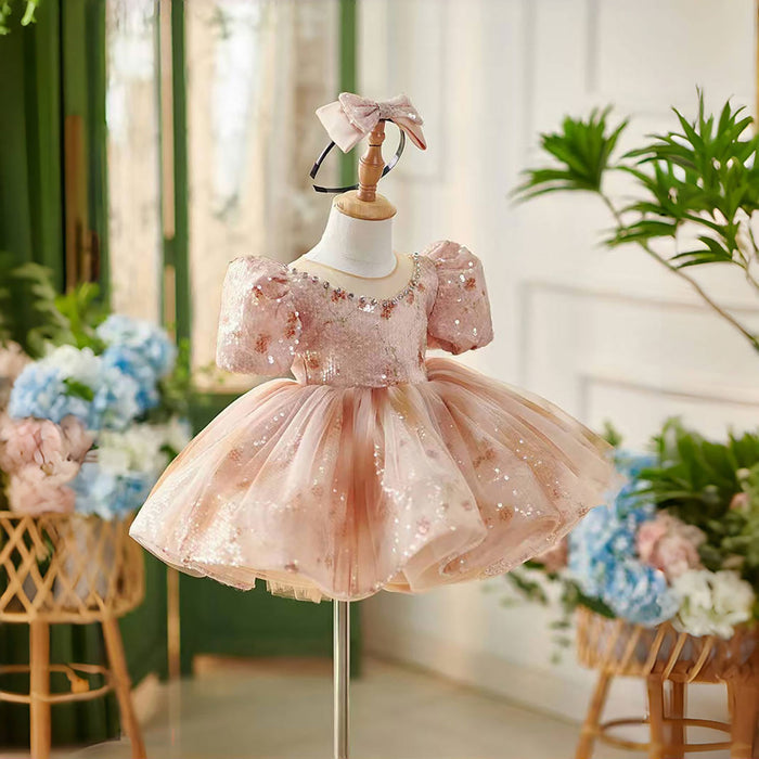 O-Neck Beading Tulle Pink Flower Girl Dress Short Sleeve D035