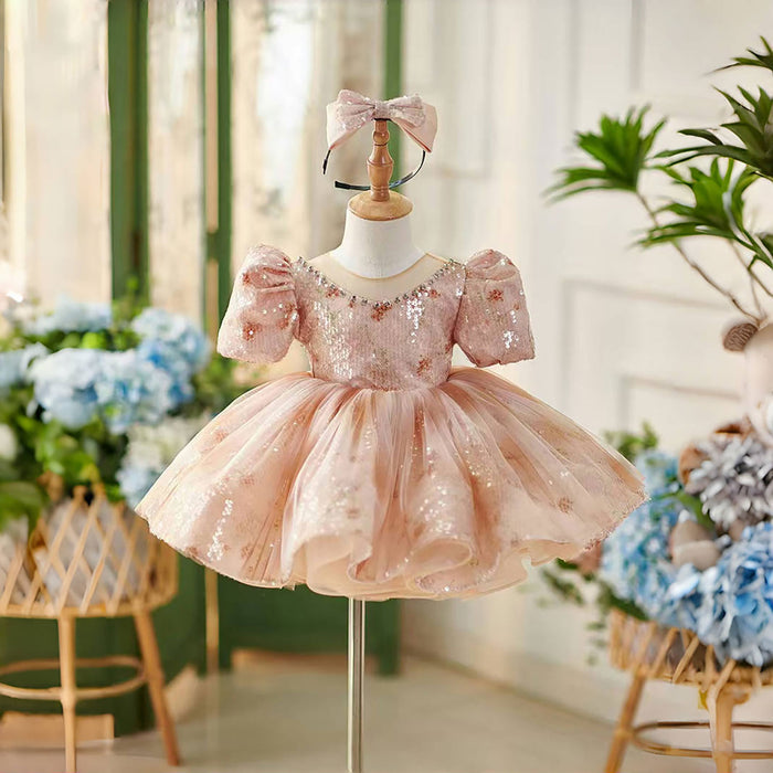 O-Neck Beading Tulle Pink Flower Girl Dress Short Sleeve D035