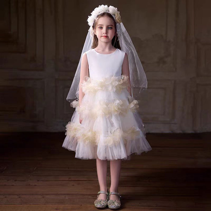 O-Neck Lace Tulle Flower Girl Dress with Veil Sleeveless J860