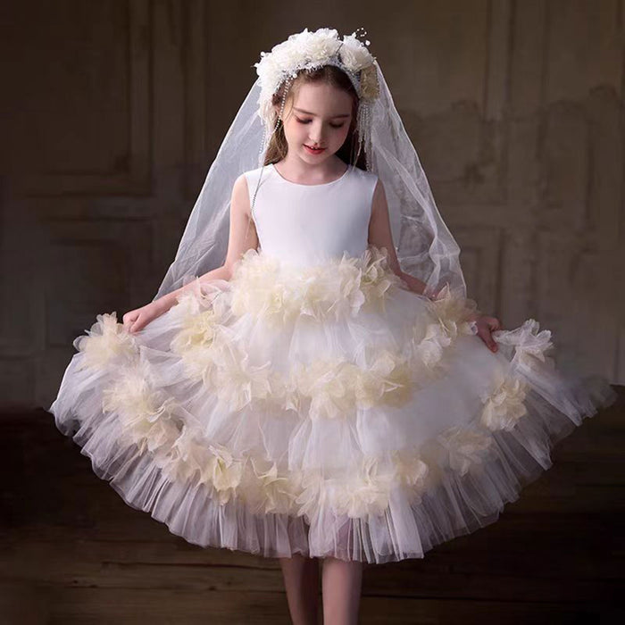 O-Neck Lace Tulle Flower Girl Dress with Veil Sleeveless J860