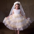 O-Neck Lace Tulle Flower Girl Dress with Veil Sleeveless J860