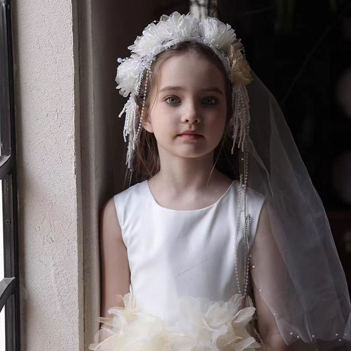 O-Neck Lace Tulle Flower Girl Dress with Veil Sleeveless J860