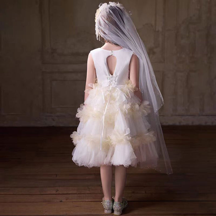 O-Neck Lace Tulle Flower Girl Dress with Veil Sleeveless J860