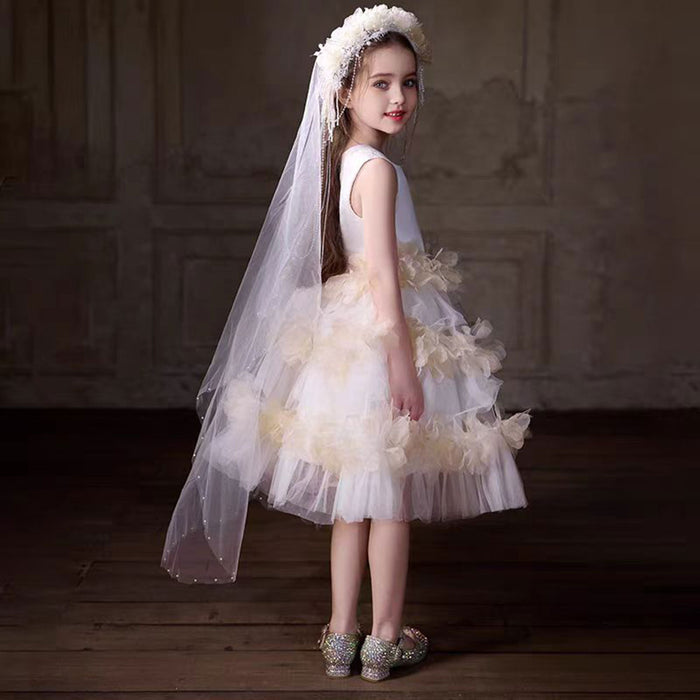 O-Neck Lace Tulle Flower Girl Dress with Veil Sleeveless J860
