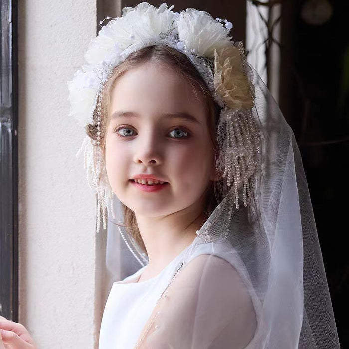 O-Neck Lace Tulle Flower Girl Dress with Veil Sleeveless J860