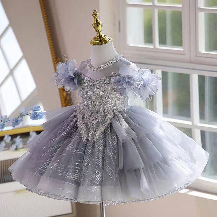O-Neck Pearled Tiered Flower Girl Princess Dress Luxury D040