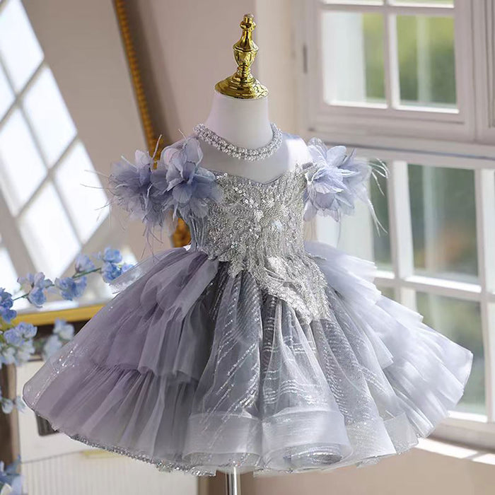 O-Neck Pearled Tiered Flower Girl Princess Dress Luxury D040