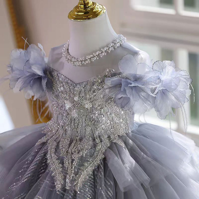 O-Neck Pearled Tiered Flower Girl Princess Dress Luxury D040