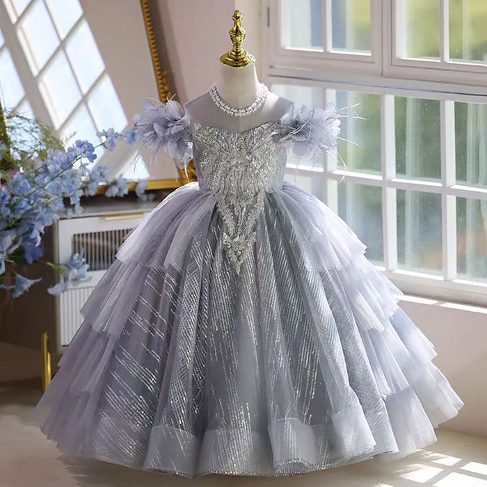 O-Neck Pearled Tiered Flower Girl Princess Dress Luxury D040