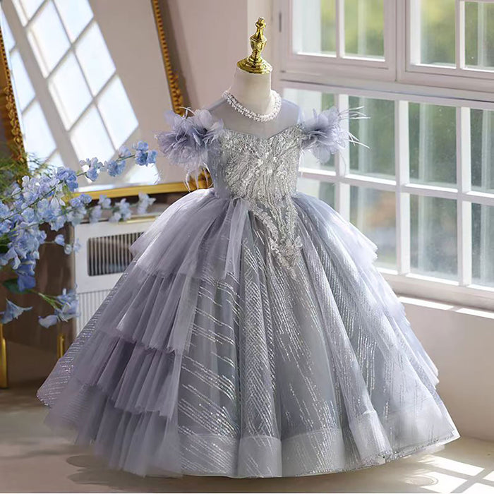 O-Neck Pearled Tiered Flower Girl Princess Dress Luxury D040