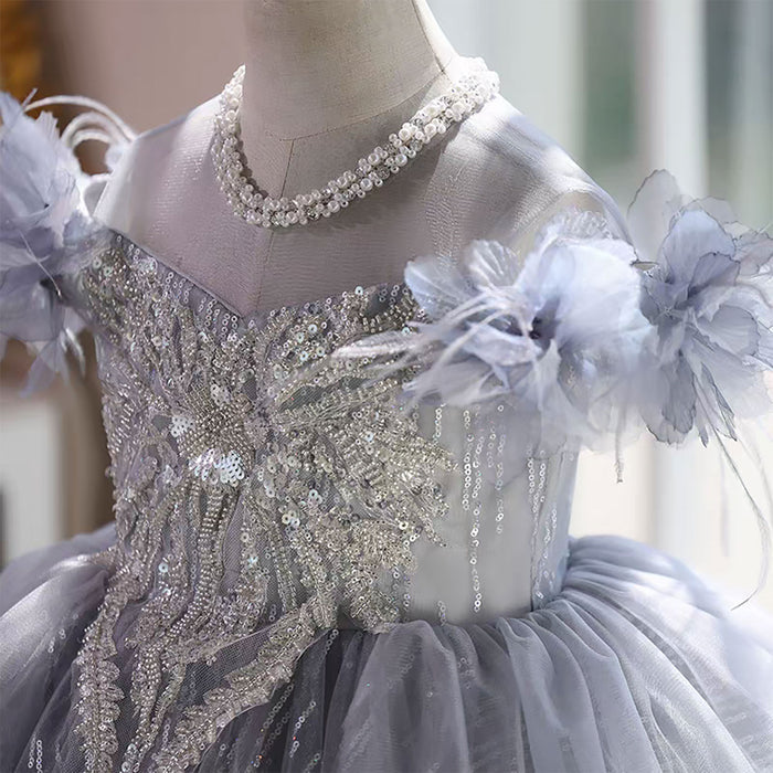 O-Neck Pearled Tiered Flower Girl Princess Dress Luxury D040